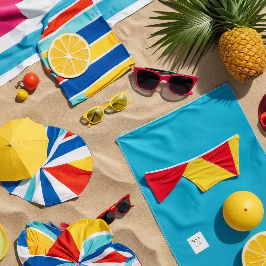 A vibrant beach scene showcasing trendy swimwear in various styles, with people sunbathing and playing beach volleyball. Include elements of budgeting like stylish sunglasses with price tags and a chic beach towel spread out with a calculator and lemonade. The scene should evoke a stress-free summer vibe with bright colors and sunny skies. super-realistic. vibrant colors. summer theme.