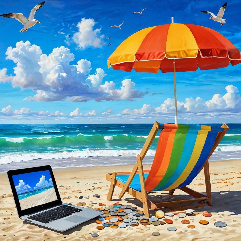 A serene coastal landscape with soft waves lapping at the shore, featuring a relaxing beach chair with a laptop displaying financial graphs. A colorful beach umbrella stands nearby with stacks of coins and a beach ball, symbolizing smart spending. The sky is blue with fluffy clouds and seagulls flying overhead, creating a tranquil atmosphere. Painting. vibrant colors. sunny beach scene.
